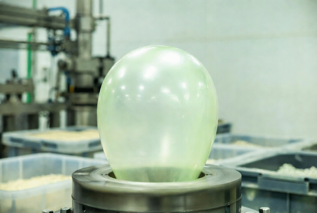 Blown film extrusion process for compostable bags showing the expanding biodegradable film bubble rising from the die in a factory