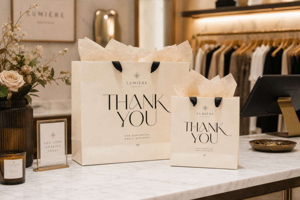 Custom printed thank you bags with elegant boutique logo and premium retail presentation