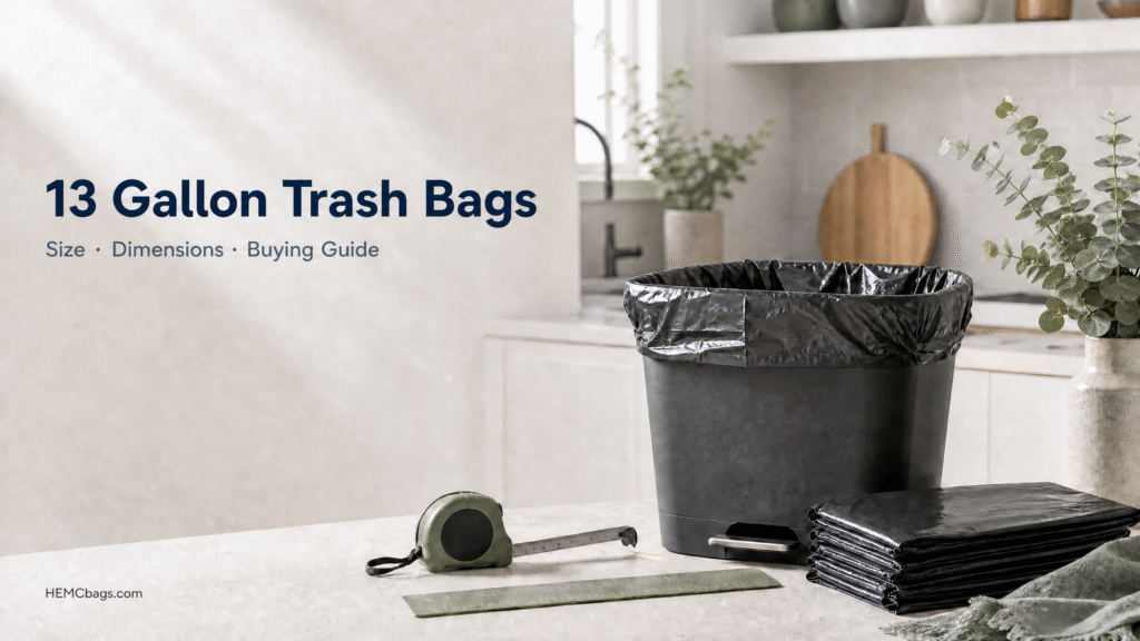 13 gallon trash bags fitted on a standard kitchen trash can with measuring tape, featuring a size, dimensions, and buying guide title