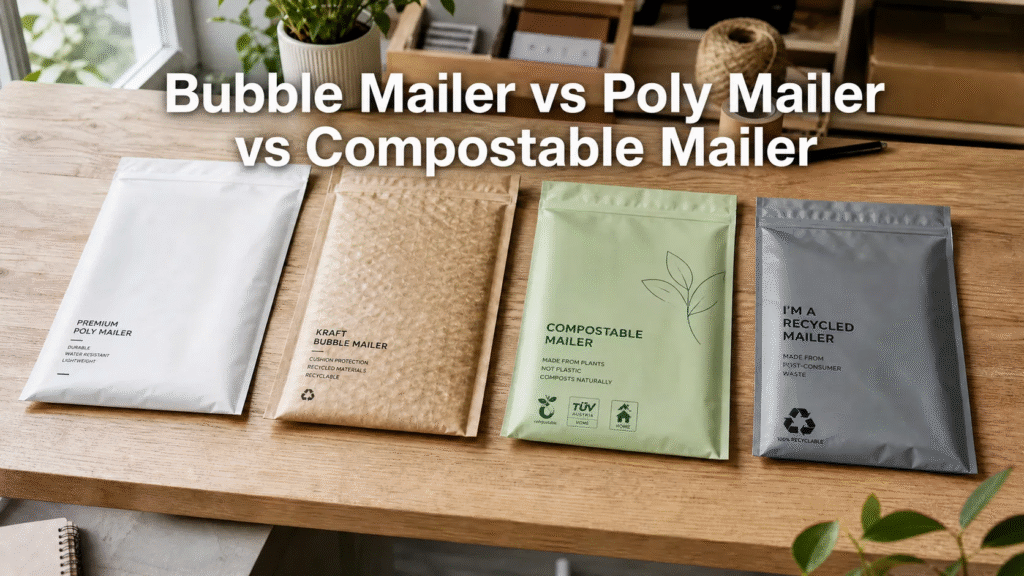 Bubble mailer vs poly mailer vs compostable mailer comparison for e-commerce shipping - 2026 guide featured image