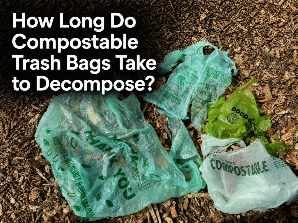 Compostable trash bags on wood chips with the headline “How Long Do Compostable Trash Bags Take to Decompose?