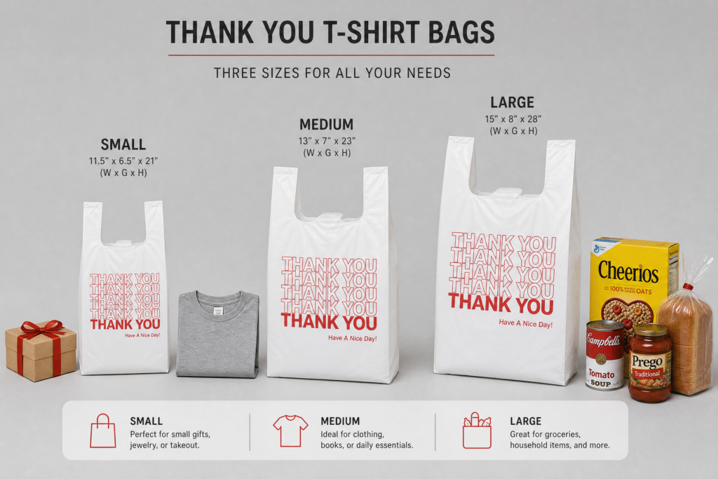 Thank you T-shirt bags size comparison guide showing small, medium, and large retail bags with clothing and grocery items for scale