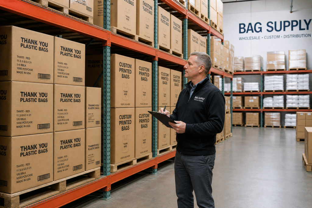 Bulk thank you bags wholesale storage in a distribution warehouse for retailers