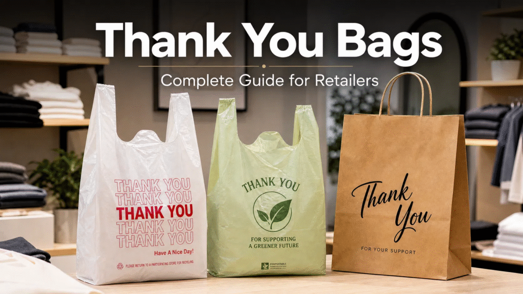Thank you bags complete guide for retailers featured image showing plastic, compostable, and paper shopping bags