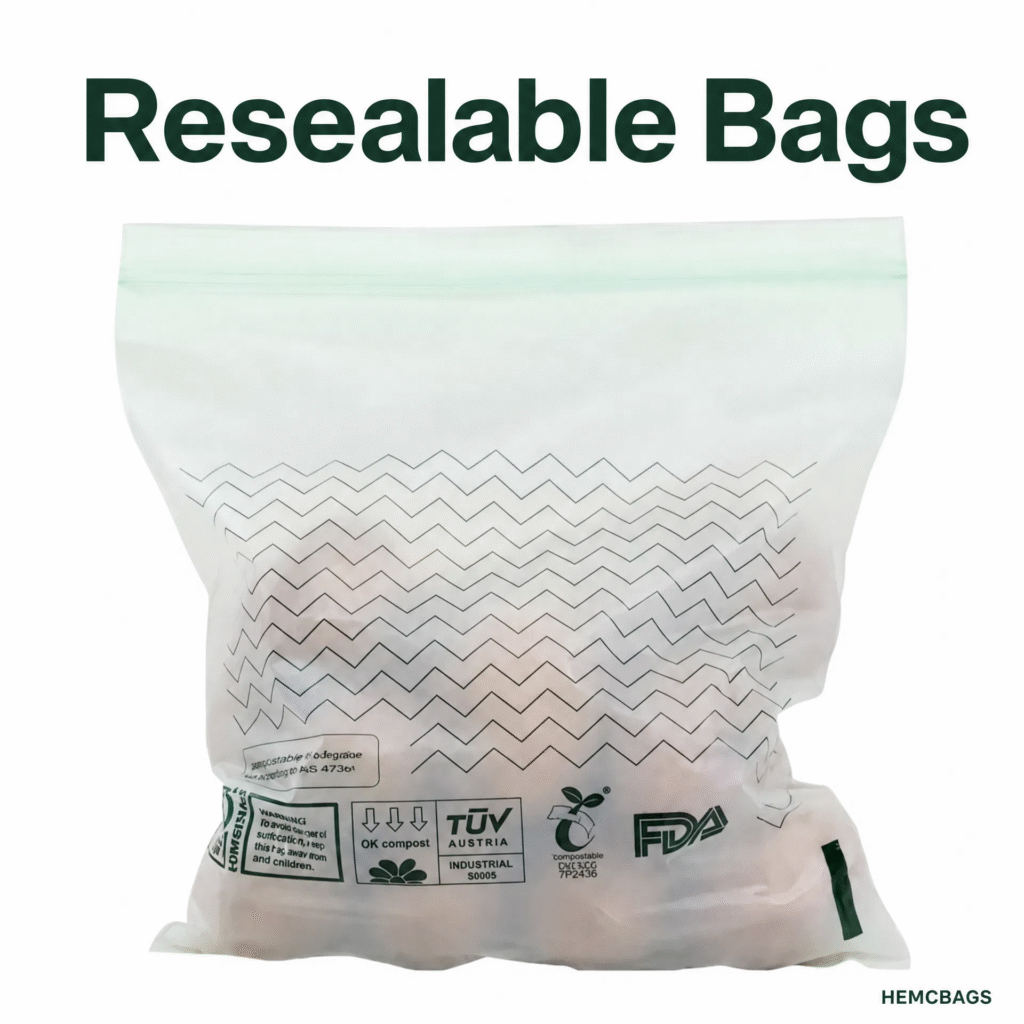 Resealable bags for B2B packaging, featuring a compostable resealable poly bag with zipper closure