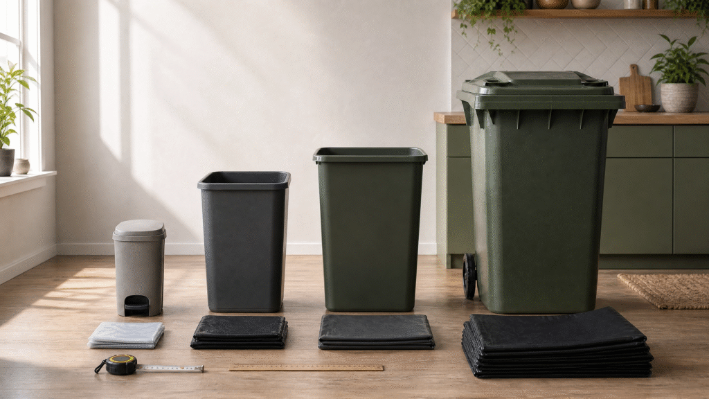 Household waste bins and folded bin liners arranged from small bathroom size to large household size for comparing bag capacities.