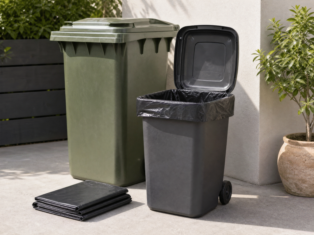 A heavy-duty bin liner fitted over the rim of an outdoor wheelie bin beside a larger wheelie bin for size comparison.