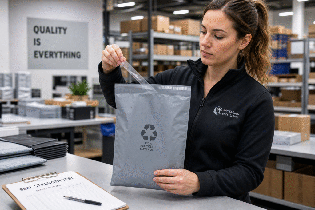 B2B packaging buyer performing quality seal strength test on custom recycled poly mailer samples in warehouse