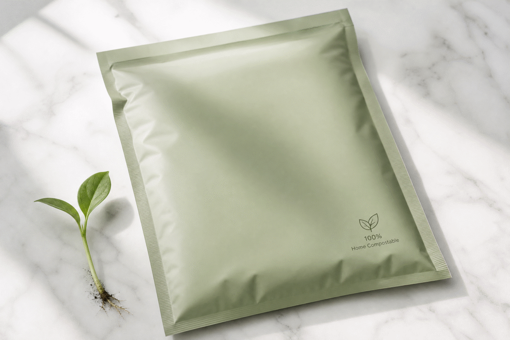 Certified compostable mailer made from PBAT and PLA with eco-friendly matte finish and sprout symbol
