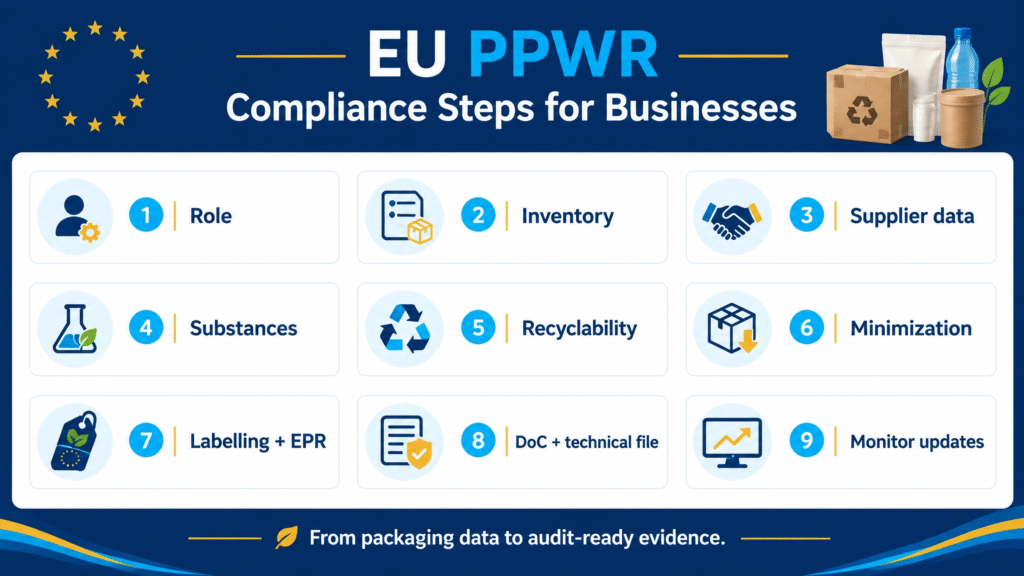 EU PPWR compliance steps for businesses from role identification and packaging inventory to supplier data, recyclability, EPR, and technical documentation
