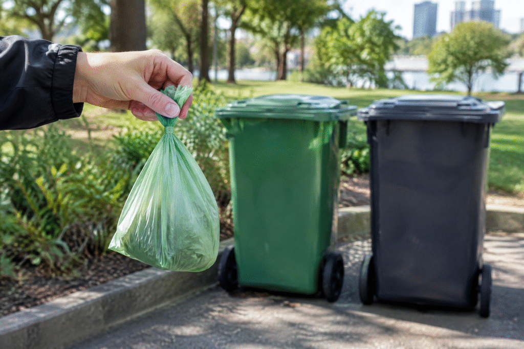 Compostable Bags for Dog Poop: Do They Really Work? 2026 Guide 1 Compostable dog waste bags being considered for a green organics bin or general rubbish bin under local disposal rules