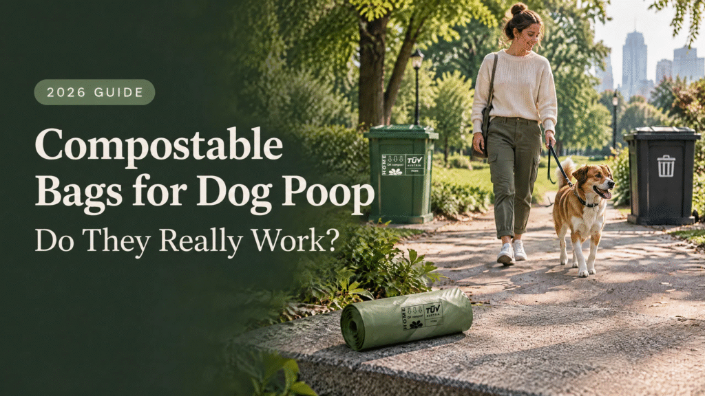 Compostable Bags for Dog Poop: Do They Really Work? 2026 Guide 3 Compostable bags for dog poop with TÜV AUSTRIA OK compost HOME certification shown on a dog waste bag and green organics bin