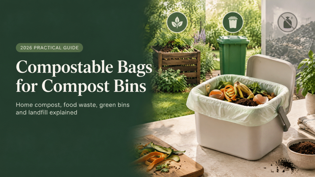 Compostable Bags for Compost Bins, Rubbish & Trash: What Actually Works (2026 Guide) 4 Compostable bags for compost bins, food waste and green bin collection, showing different disposal options for home composting and landfill.