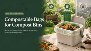 Compostable bags for compost bins, food waste and green bin collection, showing different disposal options for home composting and landfill.