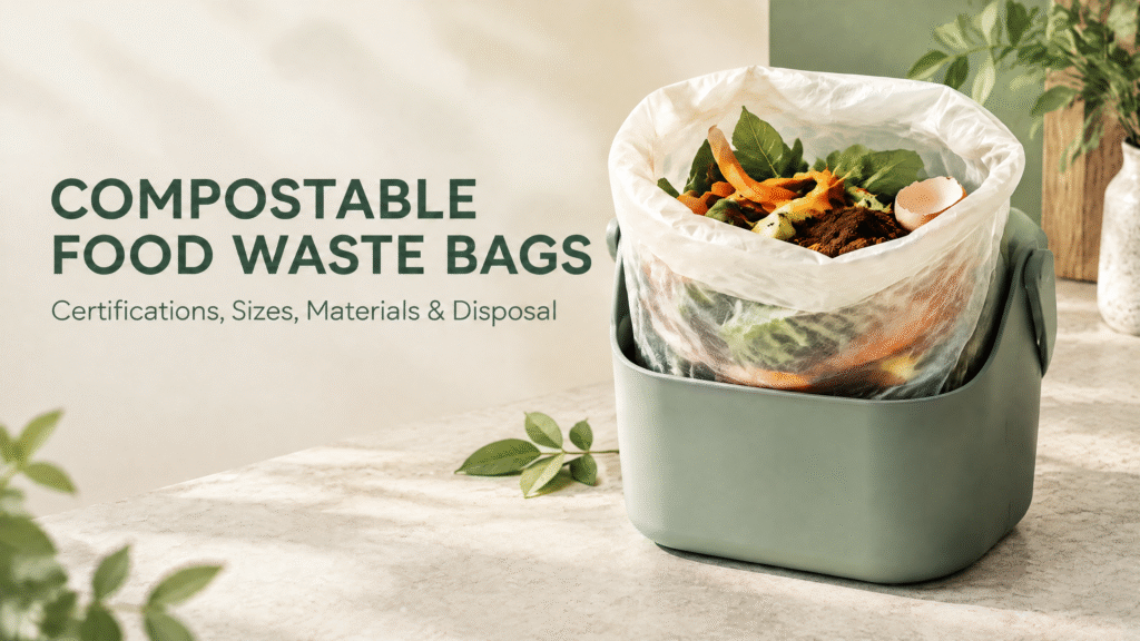 Compostable food waste bags in a countertop kitchen caddy for home composting