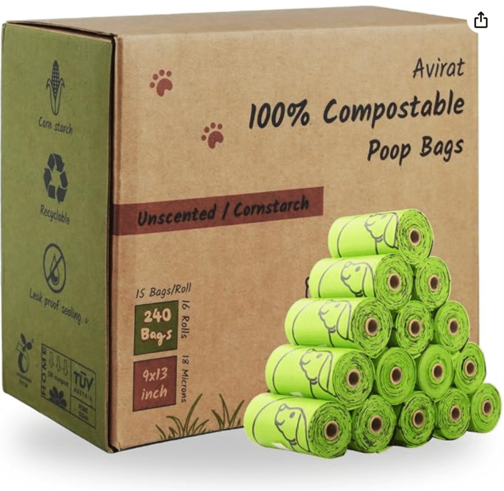 Compostable Bags for Dog Poop: Do They Really Work? 2026 Guide 3 Avirat compostable poop bags in a bulk pack with easy-peel stickers for dog owners