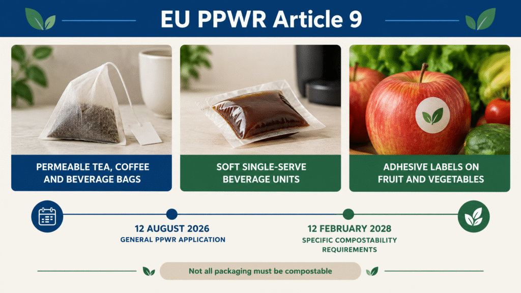EN 13432 Compostable Packaging in 2026: What It Means Under the EU PPWR 2 EU PPWR Article 9 packaging formats linked to the EN 13432 compostable packaging standard, including tea bags, beverage units and fruit labels.