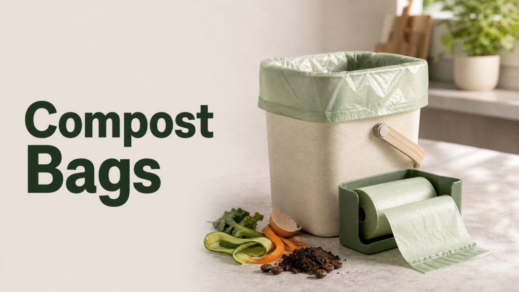 Compost bags and a kitchen food-scrap caddy on a countertop