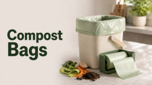 Compost bags and a kitchen food-scrap caddy on a countertop