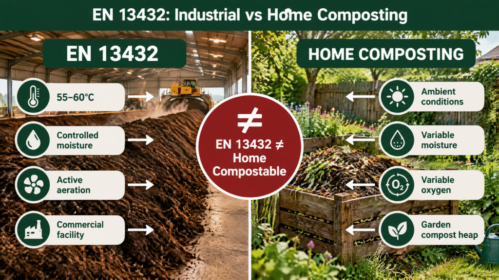 EN 13432 Compostable Packaging in 2026: What It Means Under the EU PPWR 3 EN 13432 industrial composting compared with home composting under different temperature, moisture and aeration conditions.