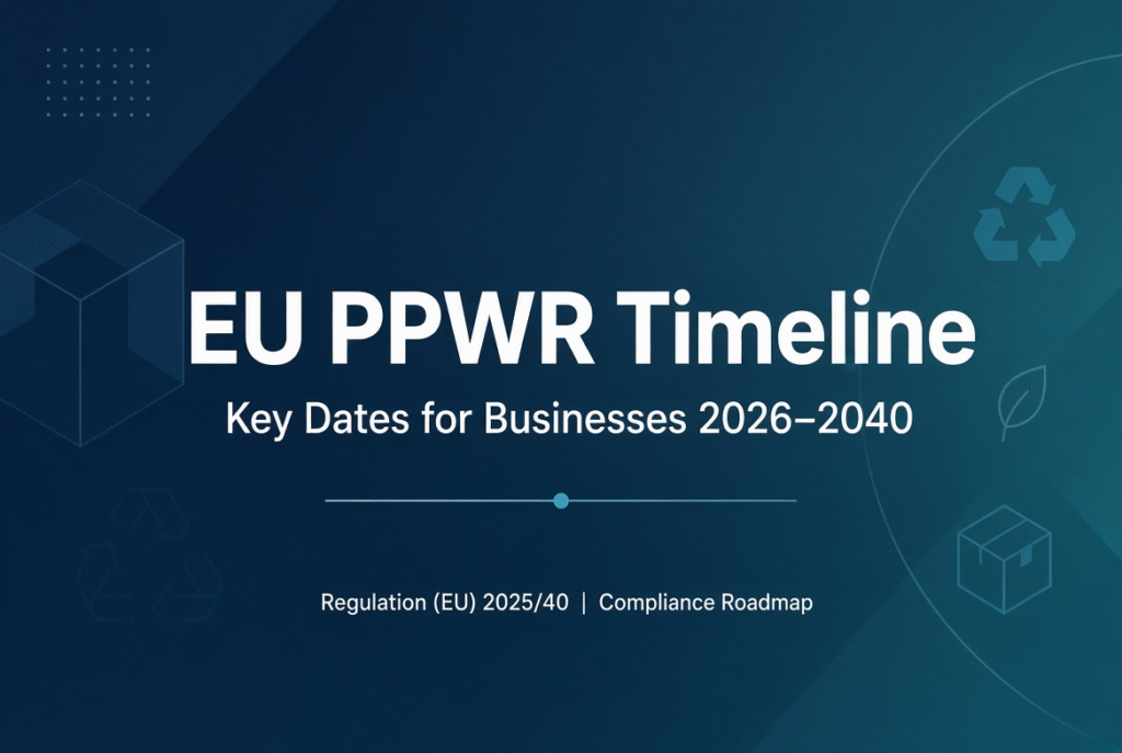 EU PPWR Timeline and Implementation Schedule showing key compliance dates for businesses from 2026 to 2040