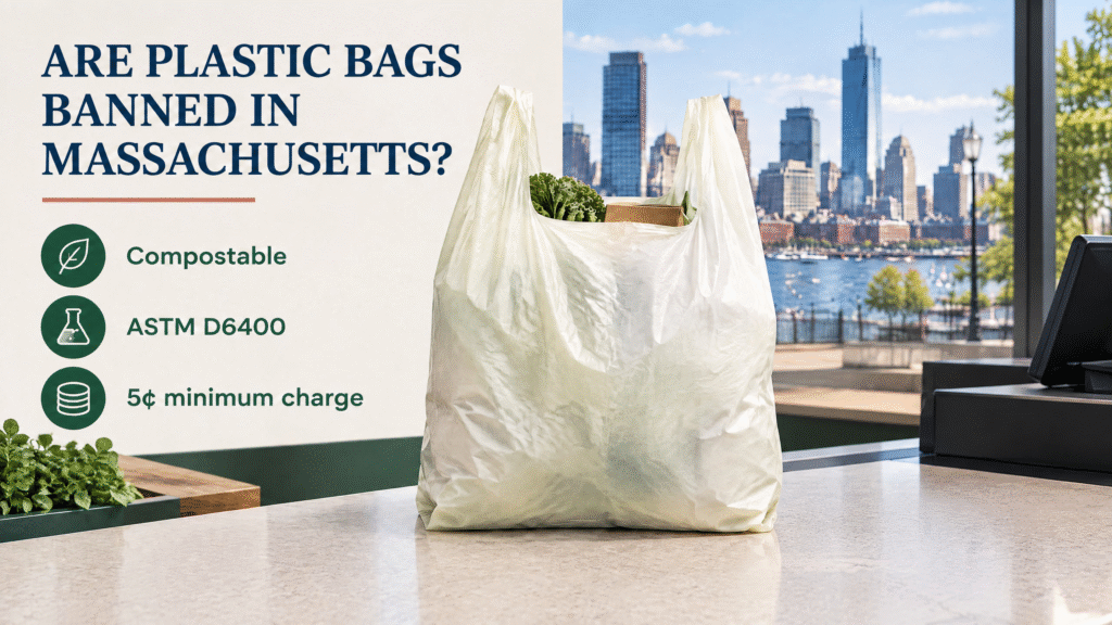 Massachusetts Plastic Bag Ban Bill: Is It Law and Are Compostable Bags Allowed? (2026 Guide) 2 Are plastic bags banned in Massachusetts? Plain compostable checkout bag with ASTM D6400 and 5-cent charge requirements in Boston