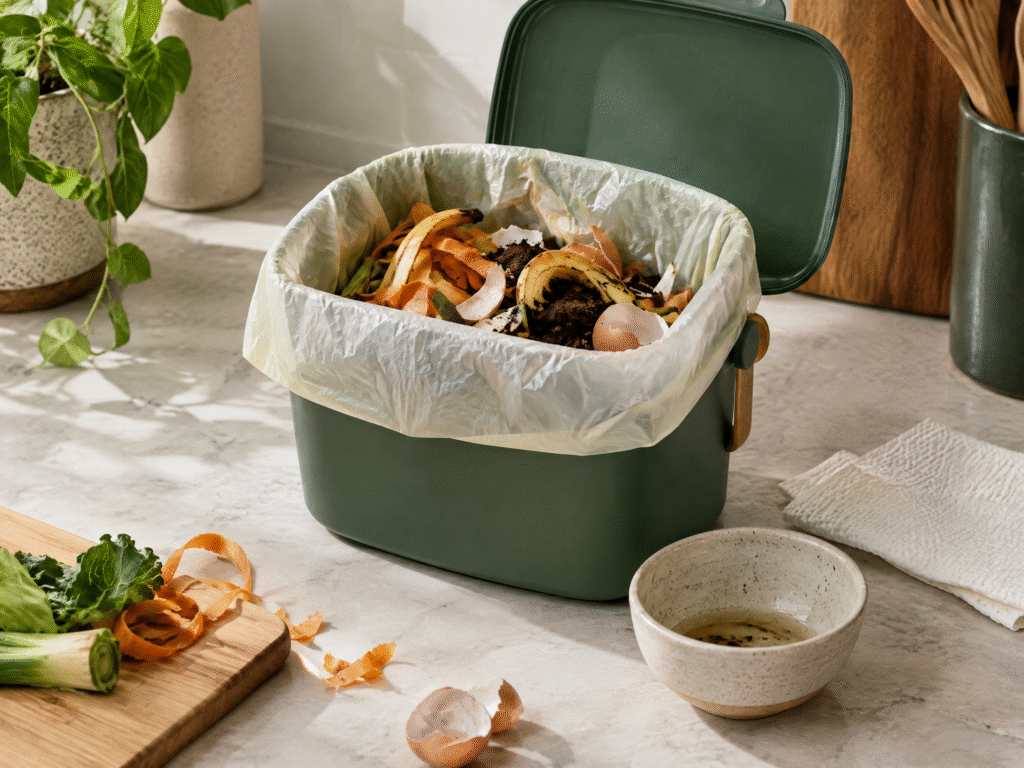 Compostable Bags for Compost Bins, Rubbish & Trash: What Actually Works (2026 Guide) 1 Compostable bags for food waste lining a kitchen caddy with vegetable scraps, coffee grounds and other wet organic waste.