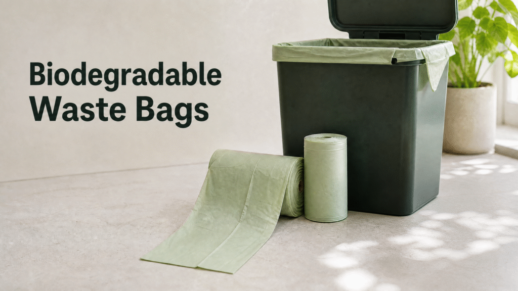 Biodegradable waste bags rolls and a lined kitchen waste bin on a clean countertop