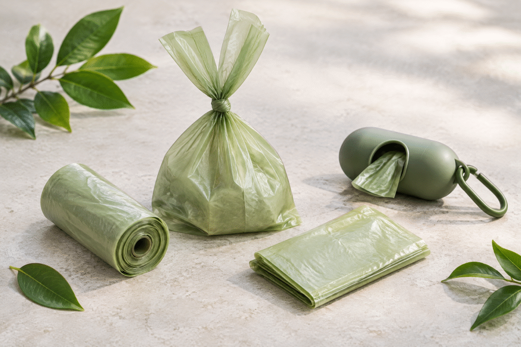 Compostable Bags for Dog Poop: Do They Really Work? 2026 Guide 6 Compostable poop bags for dogs in different formats, showing a rolled bag, tied bag, folded bag, and dog waste bag dispenser