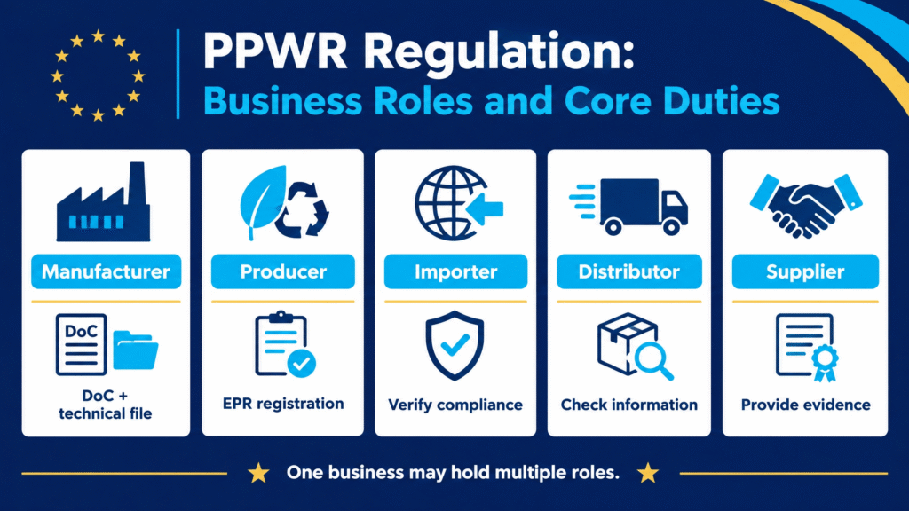PPWR regulation business roles and core duties for manufacturers, producers, importers, distributors, and suppliers
