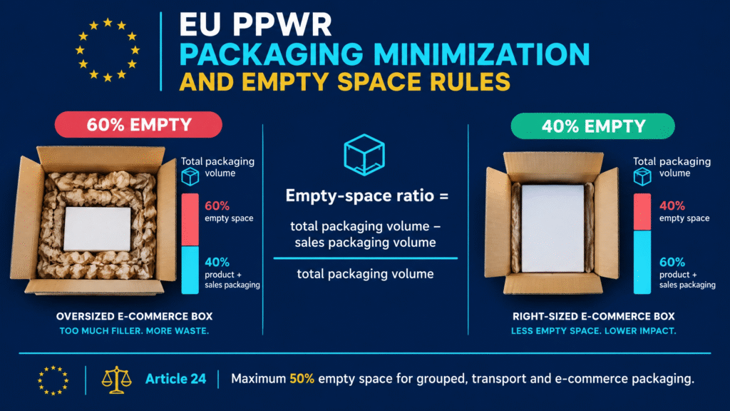 EU PPWR packaging minimization and empty space rules showing a 50% limit for grouped, transport, and e-commerce packaging
