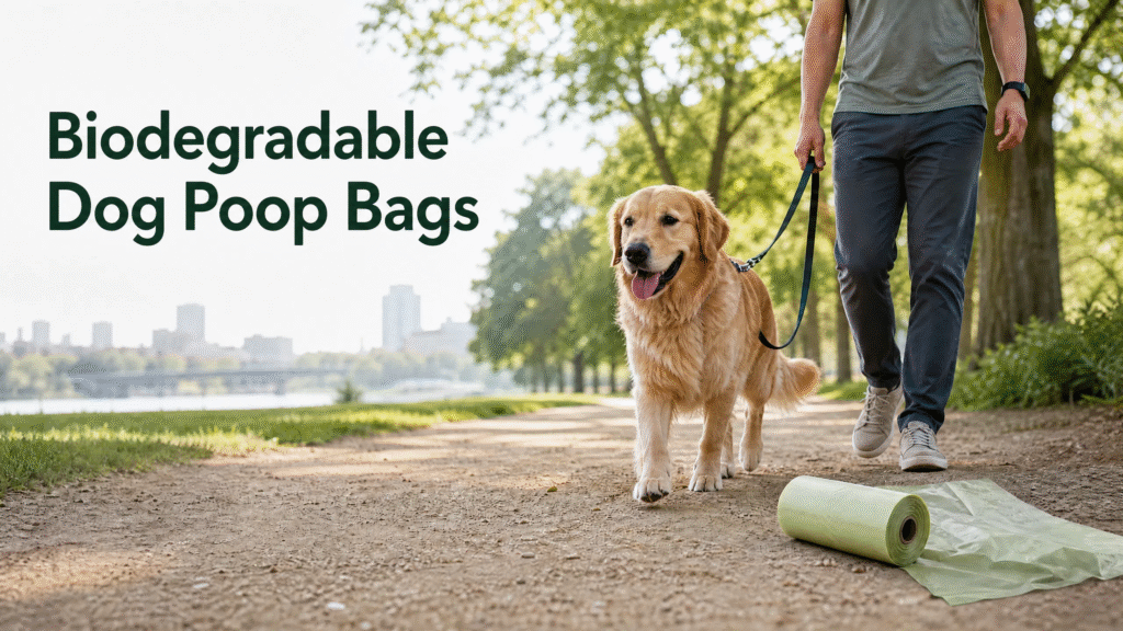 Dog walking with a roll of biodegradable dog poop bags in a park