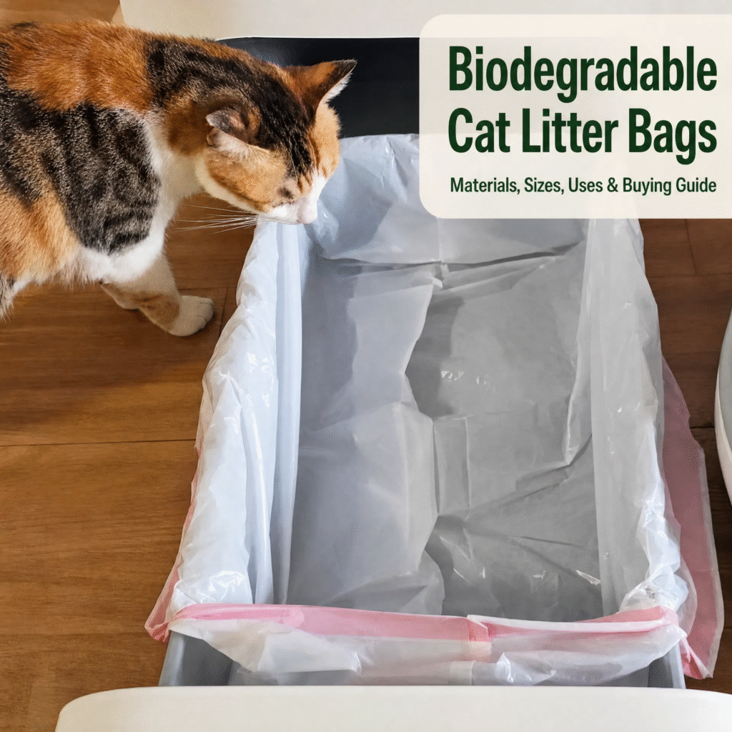 Calico cat inspecting a litter box lined with a waste bag, illustrating biodegradable cat litter bags.