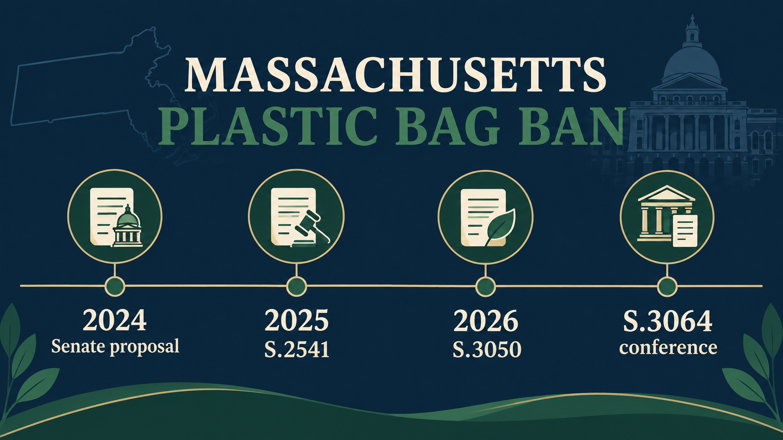 Massachusetts Plastic Bag Ban Bill: Is It Law and Are Compostable Bags Allowed? (2026 Guide) 1 Massachusetts plastic bag ban bill 2026 legislative timeline showing S.2541, S.3050, and S.3064
