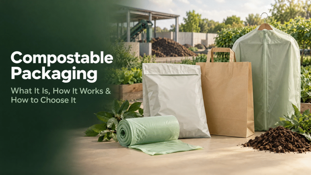 Compostable Packaging: What It Is, How It Works and How to Choose It (2026 Guide) 1 Compostable packaging bags and flexible packaging with a commercial composting facility in the background