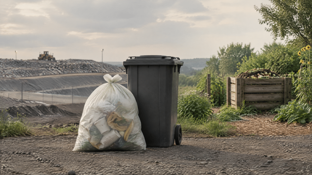 Compostable Bags for Compost Bins, Rubbish & Trash: What Actually Works (2026 Guide) 2 Compostable rubbish bags and compostable trash bags shown beside a general rubbish bin and landfill, illustrating that compostability is not used as intended in landfill.
