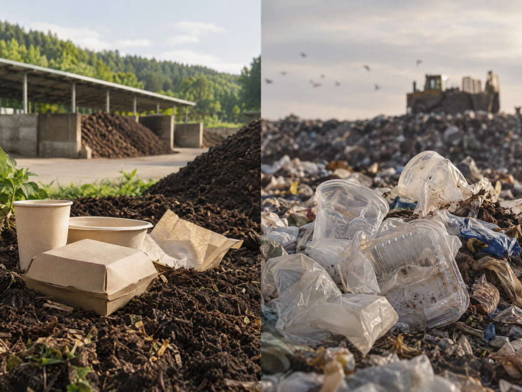 Compostable Packaging: What It Is, How It Works and How to Choose It (2026 Guide) 2 Compostable vs biodegradable packaging shown in managed composting and landfill end-of-life environments