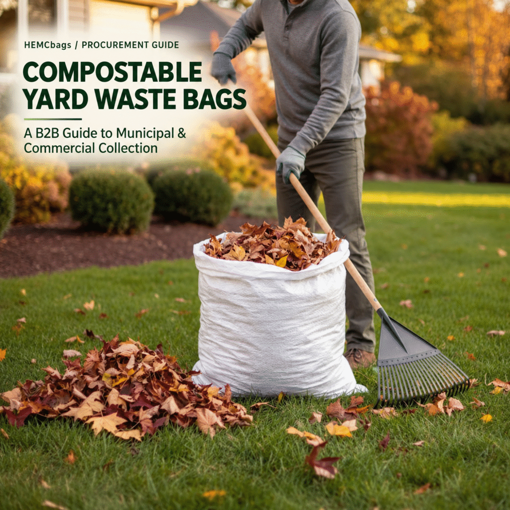 Compostable yard waste bags for fallen leaves and garden debris in a residential yard
