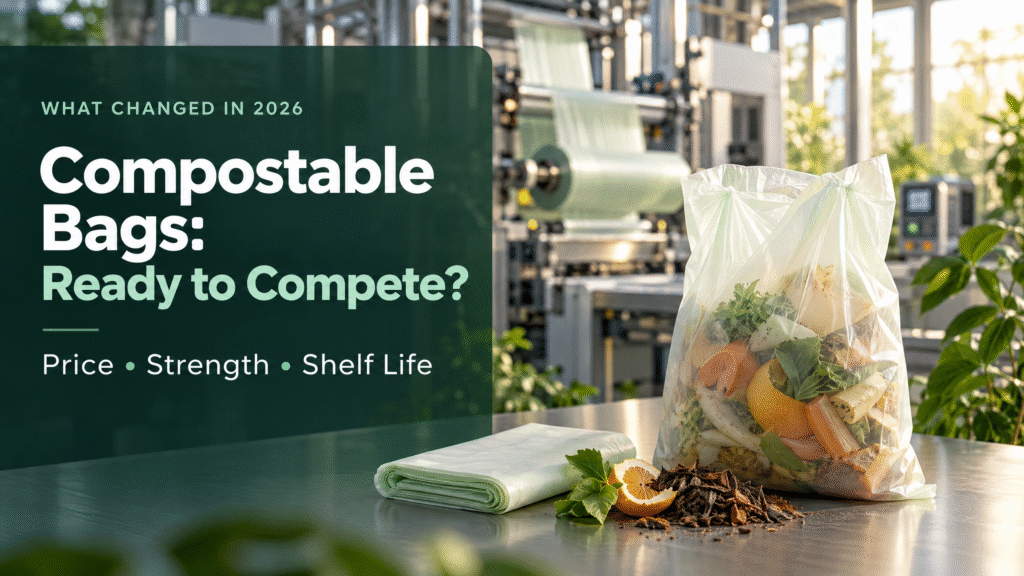 Realistic compostable kitchen waste bag beside a folded bag in a film manufacturing facility