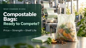 Realistic compostable kitchen waste bag beside a folded bag in a film manufacturing facility