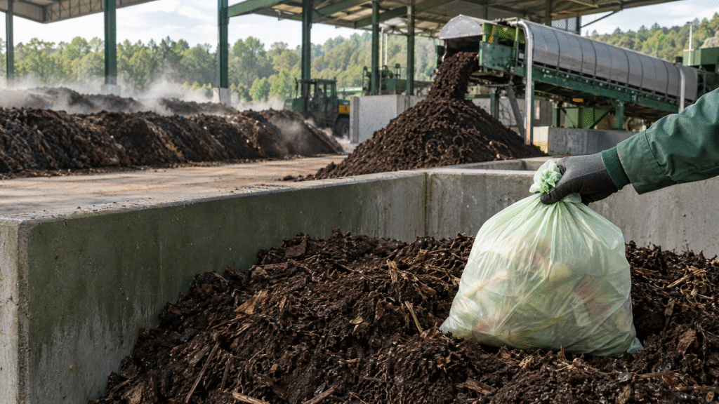 You Stopped Buying Compostable Bags for Three Reasons. All Three Are Gone. 3 eco friendly trash bags entering a controlled industrial composting facility