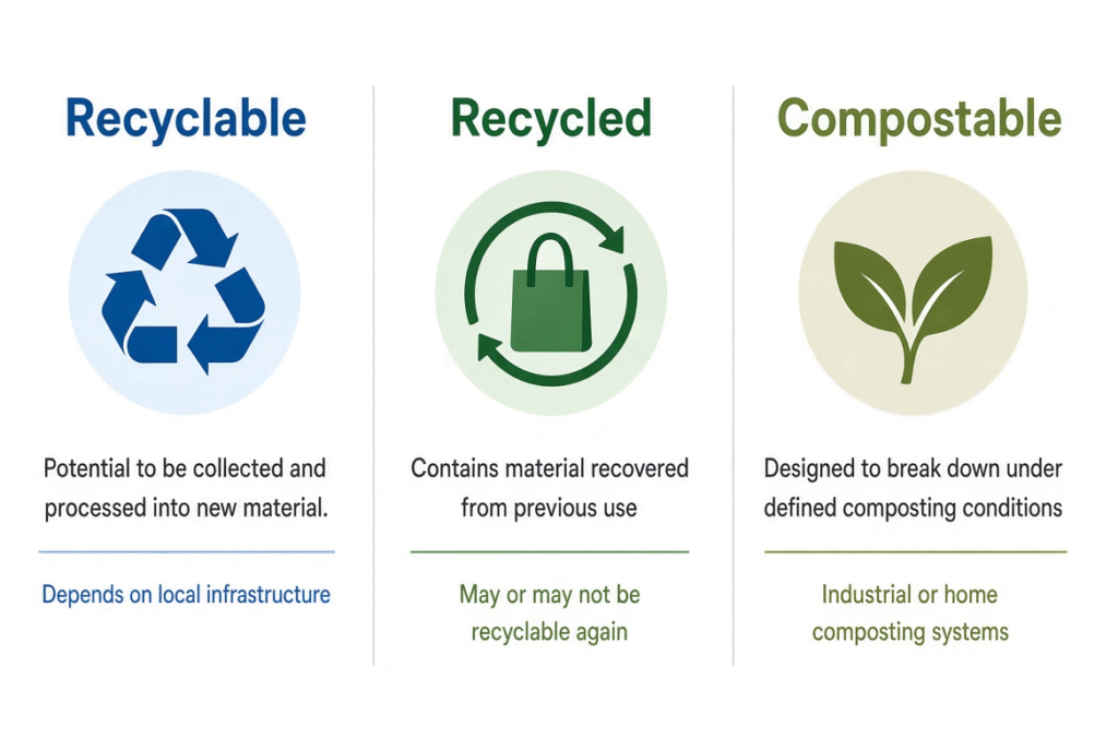 Are Plastic Bags Recyclable? What Actually Happens to Them (2026 Guide) 2 Comparison of recyclable, recycled, and compostable bags, including plastic film recycling, store drop-off, and composting pathways