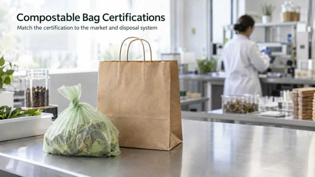Recycled vs Recyclable vs Compostable Bags: What's the Difference?(2026 Guide) 2 Realistic compostable bag certifications scene with compostable shopping bag, organic waste bag, and packaging quality control background