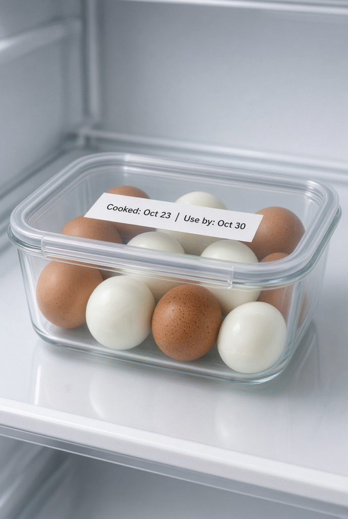 How long do hard boiled eggs last in the fridge - labeled airtight container with cooking date