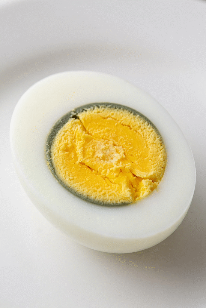 Hard-boiled egg with gray-green ring around the yolk caused by overcooking