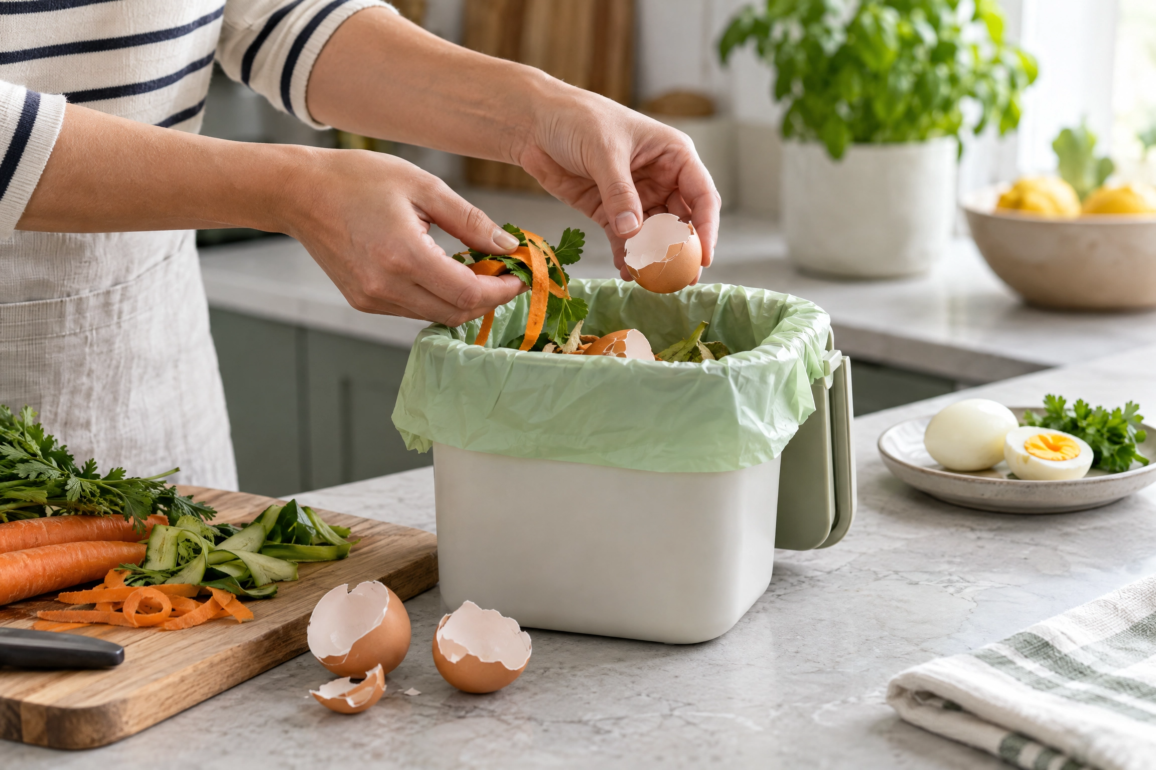 Compostable food waste bag collecting eggshells for kitchen organic waste