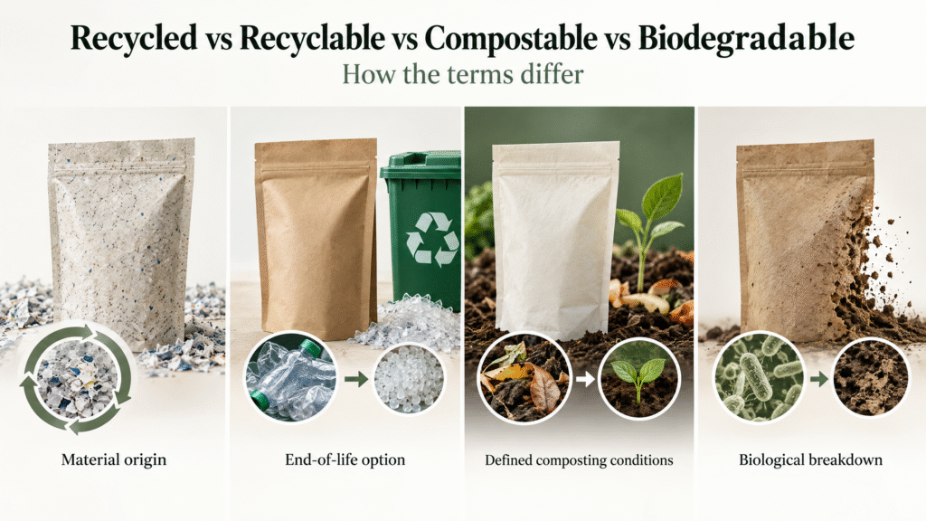 Recycled vs Recyclable vs Compostable Bags: What's the Difference?(2026 Guide) 1 Recycled vs recyclable, recyclable vs compostable, and compostable vs biodegradable bag concepts compared by material origin, disposal, and breakdown conditions